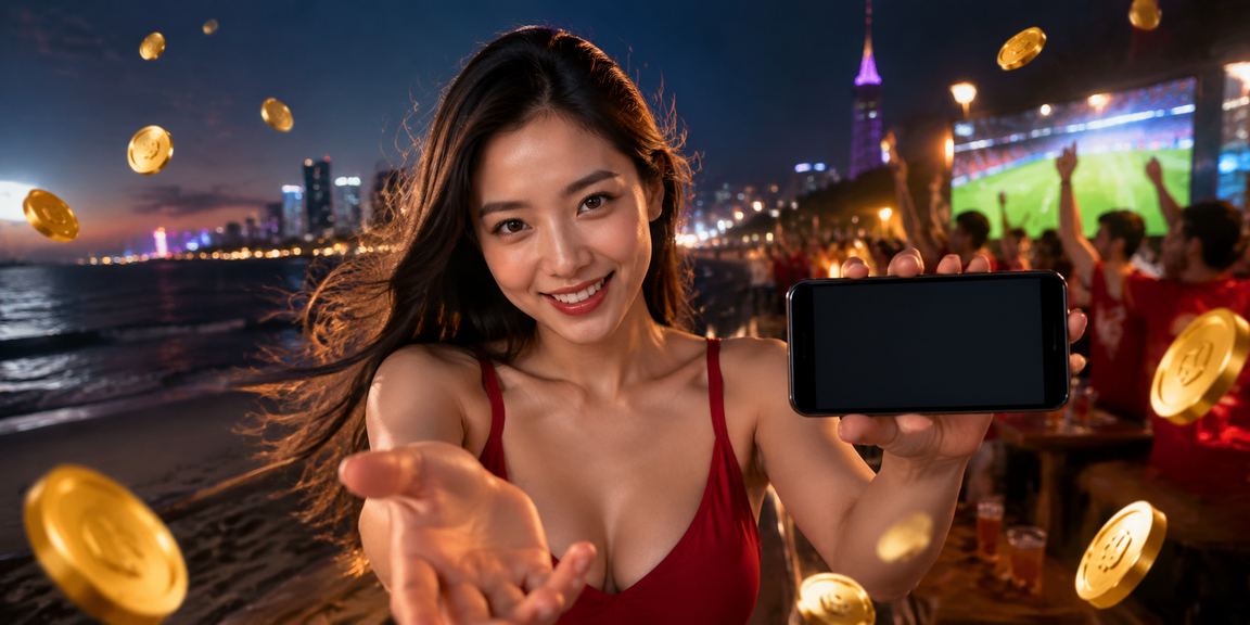 Người dùng Sài Gòn mở ứng dụng casino và kiểm tra khuyến mãi tại bãi biển buổi chiều