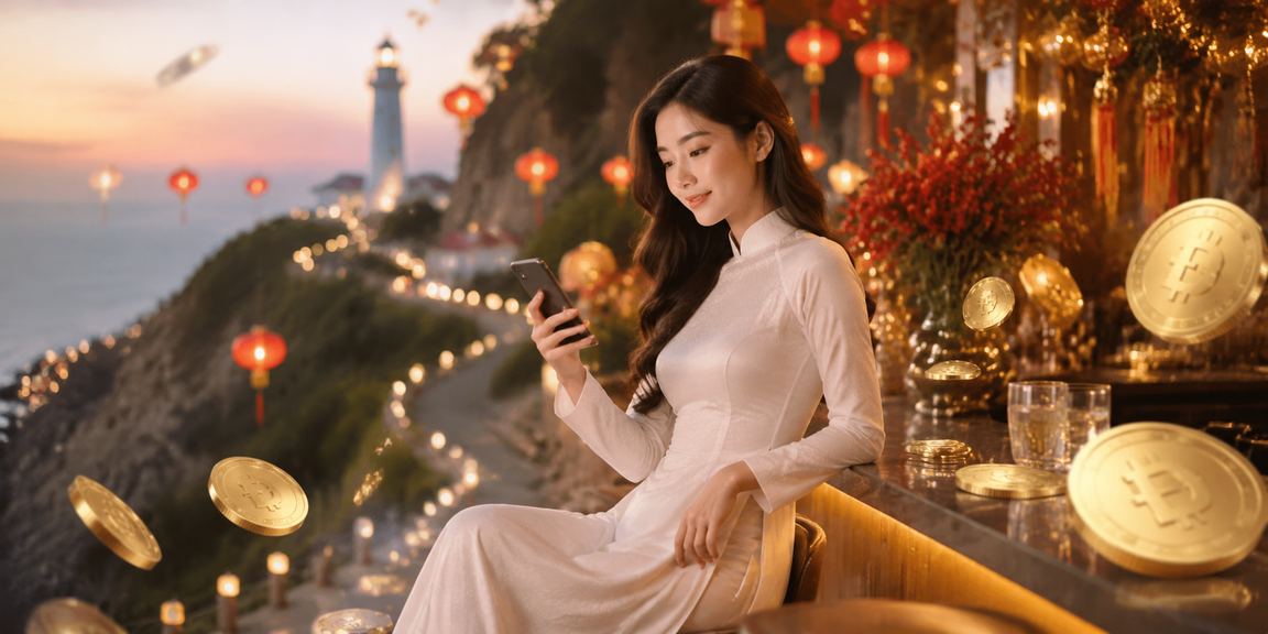 Phụ nữ áo dài tại Vũng Tàu tham gia xổ số trực tuyến trên điện thoại bên biển